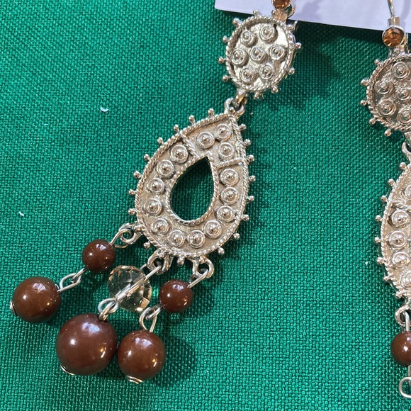 Brown Beaded Silver Tone Hanging Earrings - Picture 5 of 5